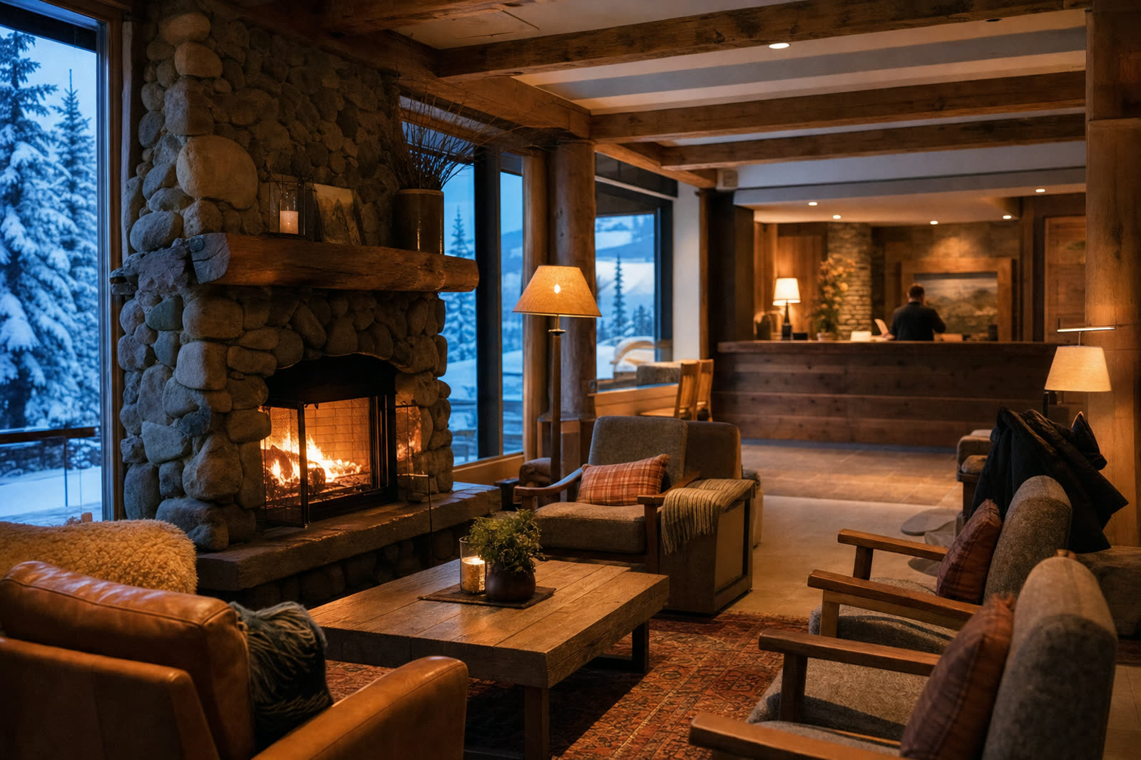 A welcoming hotel lobby with warm lighting and wood detailing
