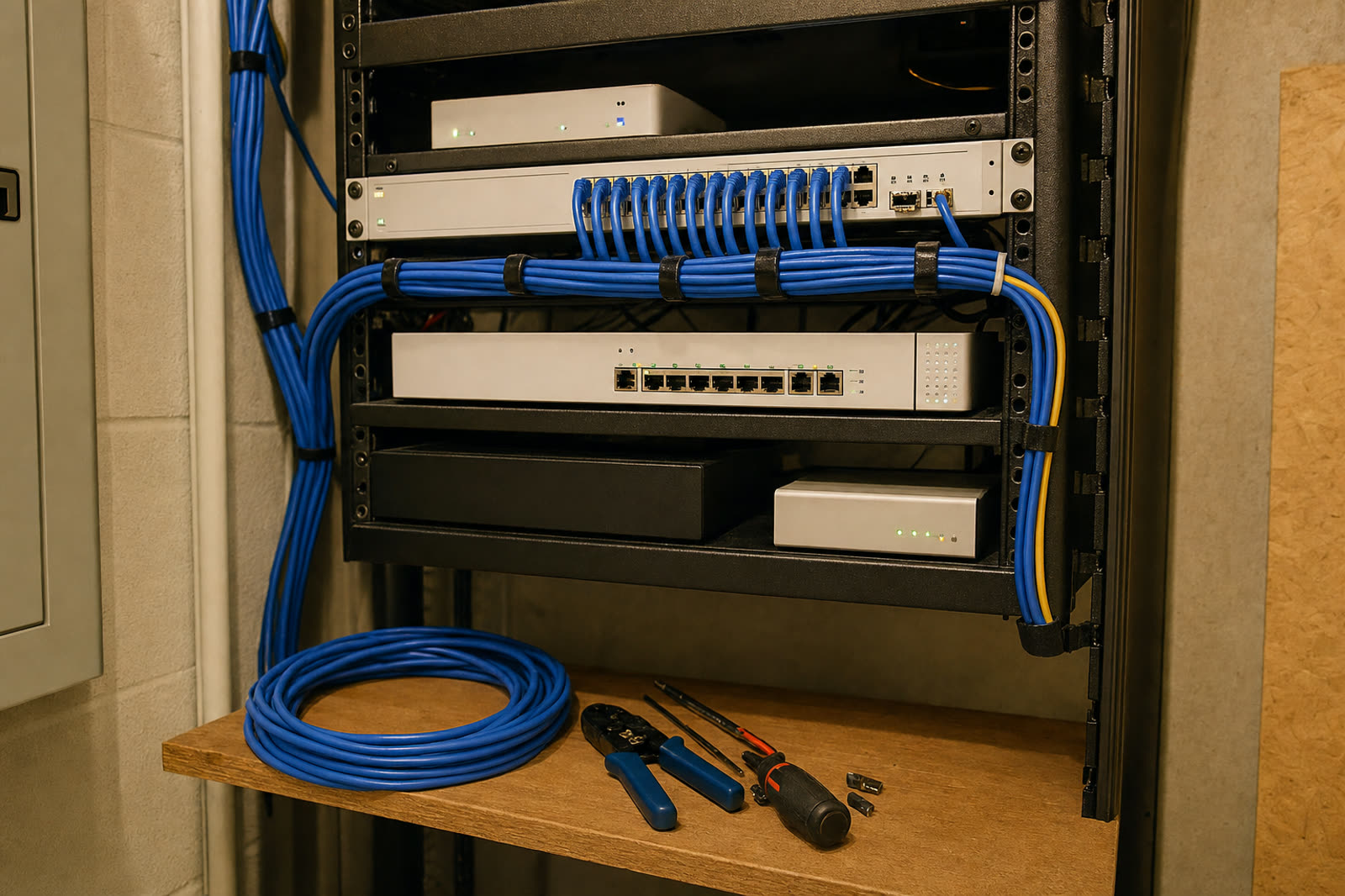 A neatly organised network rack with labelled cabling