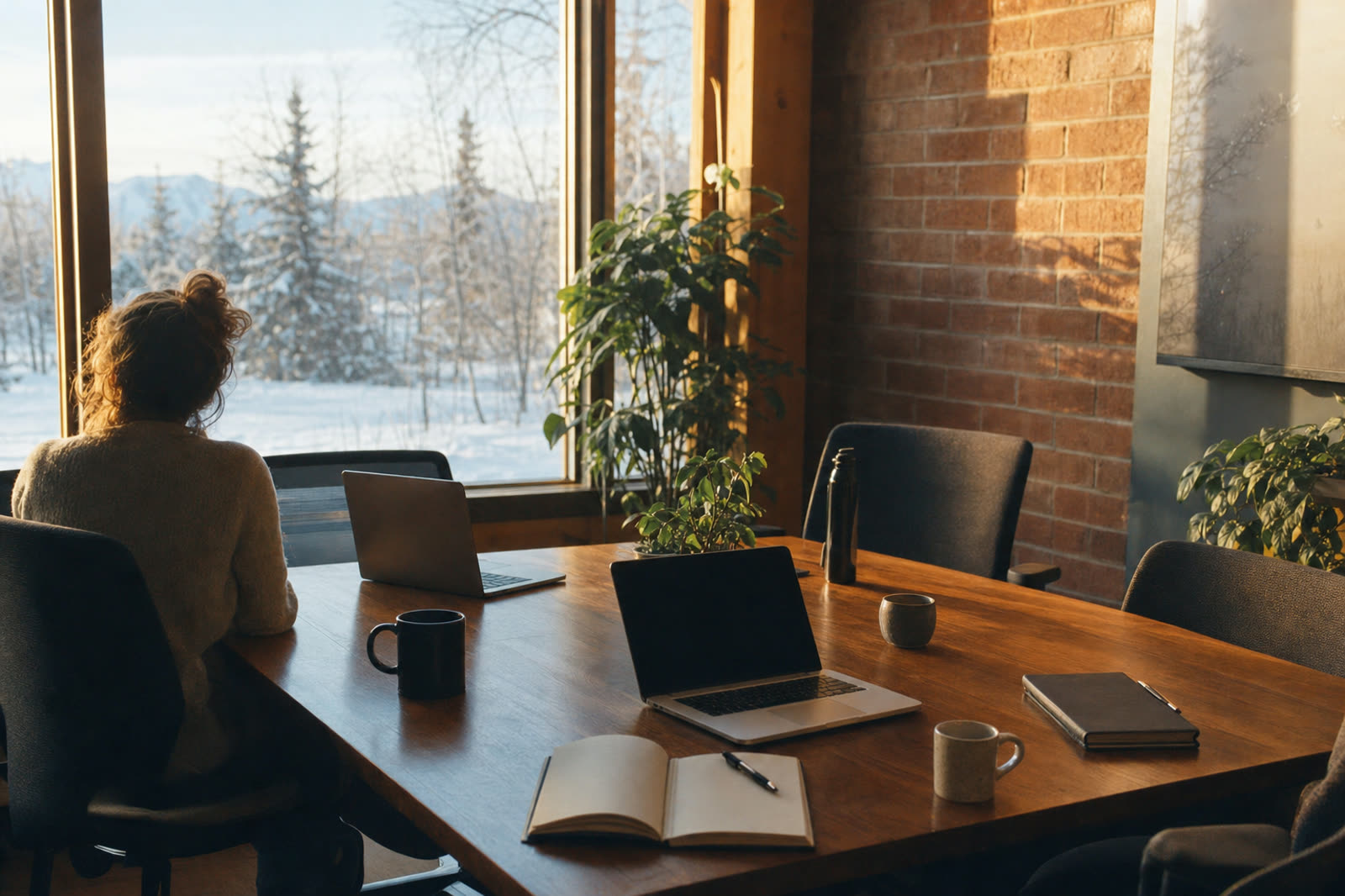A daylit small professional office with people working