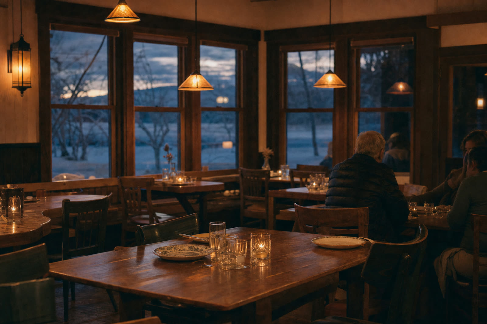 A warm, busy Alaska restaurant dining room in the evening