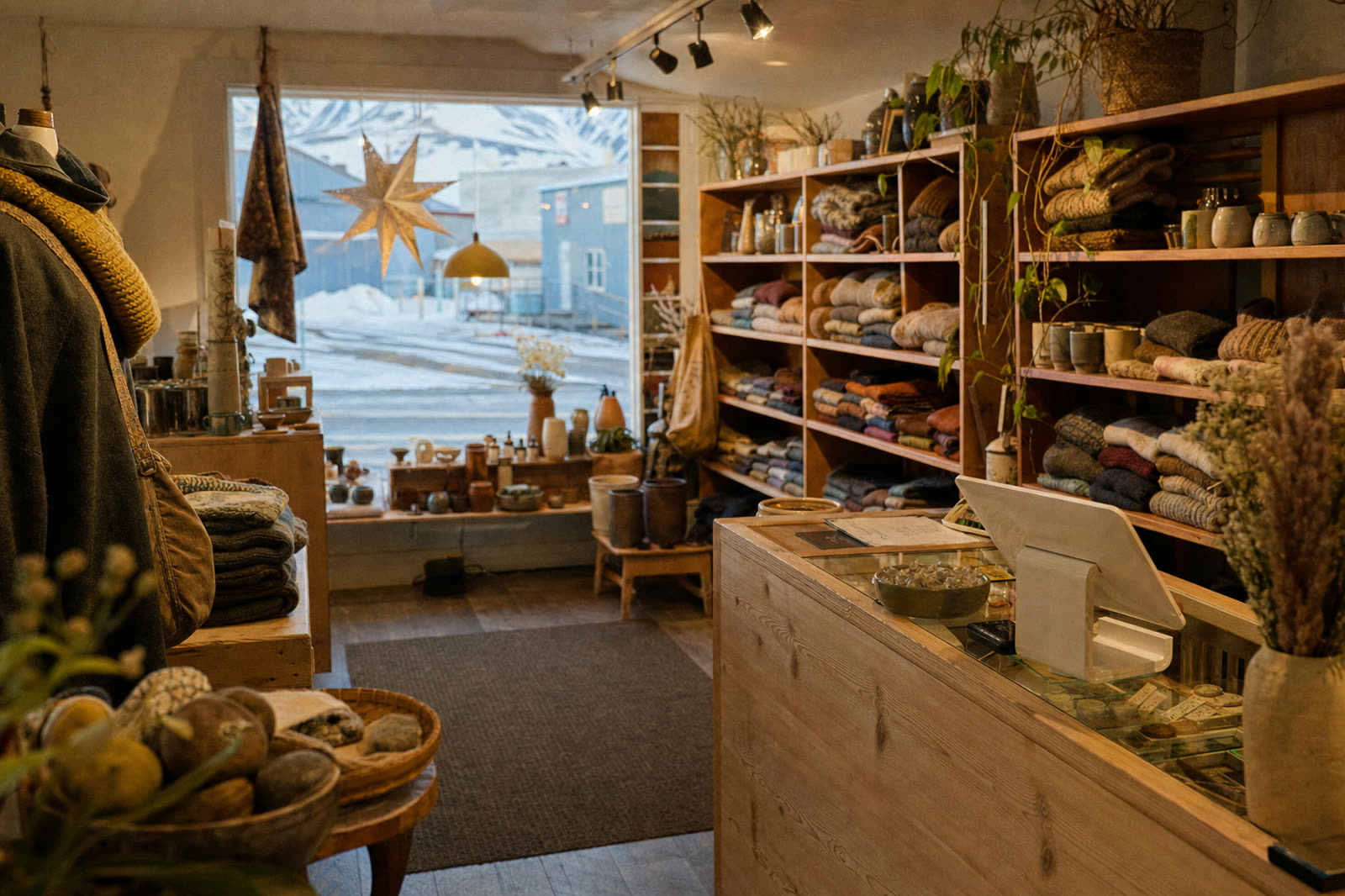 A bright local Alaska retail shop interior with a counter and displays