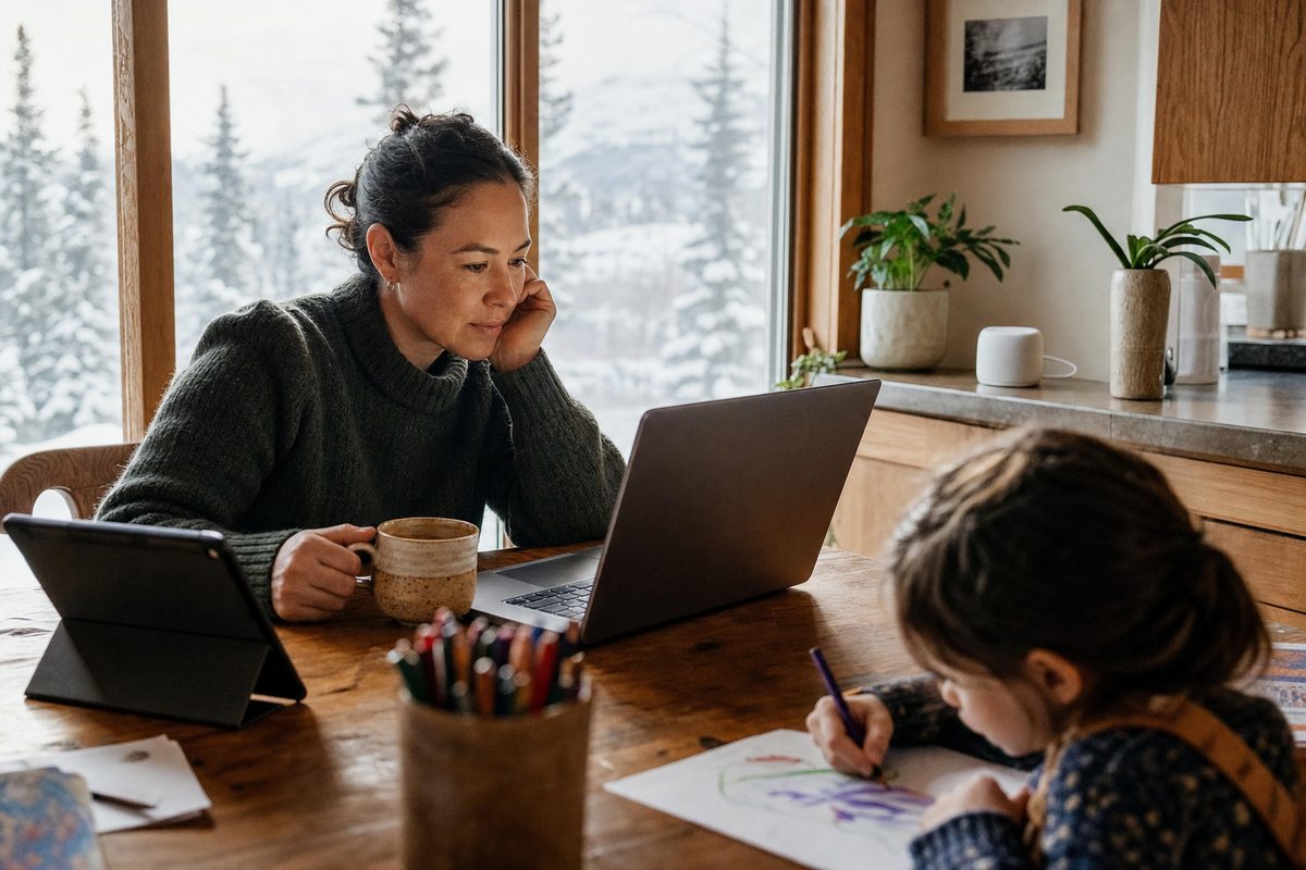 A family&rsquo;s laptops, tablet and phone on a kitchen table at home